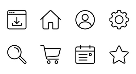 Fototapeta premium Minimalist Line Icons: Download, Home, User, Settings, Search, Cart, Calendar, Star