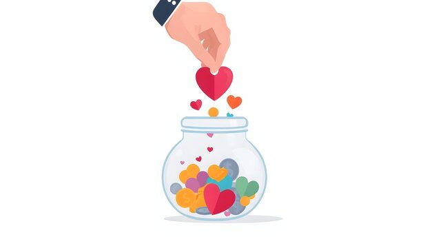 Hand drops heart into jar filled with coins and hearts for fundraising and charitable contributions.