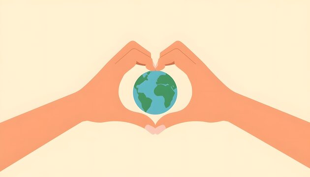 Hands forming a heart shape around a small globe, symbolizing care for planet earth and global environmental consciousness.