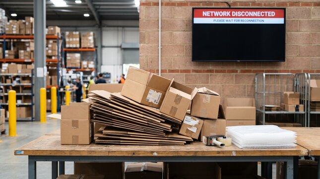 Cardboard boxes on packing table with disconnected network screen