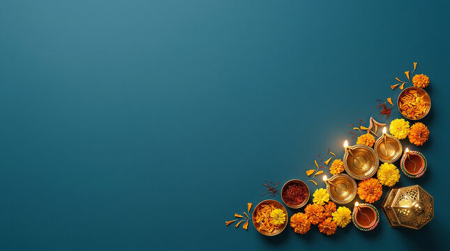 Colorful Diwali Flower Arrangements with Diyas and Fireworks