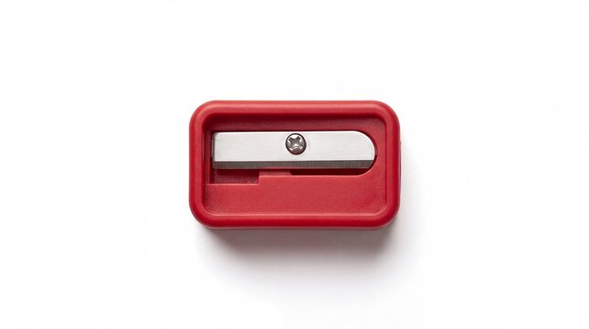 Red plastic pencil sharpener with steel blade isolated on clean white background, stationery office school supply photo illustration for commercial educational design projects and digital learning por