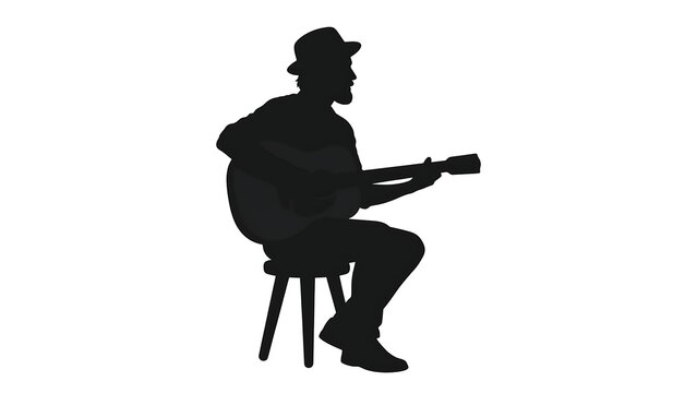 Silhouette of man playing guitar on stool white background.