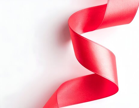 Curved red satin ribbon on plain white background.