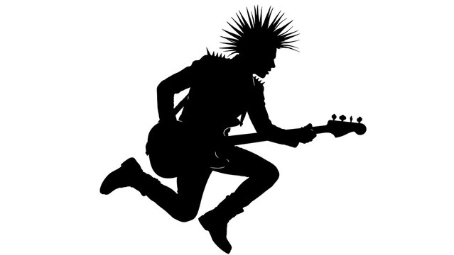 Silhouette of punk guitarist jumping white background.