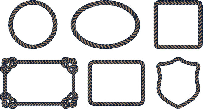 Set of nautical rope frames and borders vector illustration with various shapes and knots.