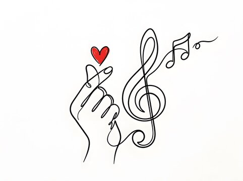 A hand gesture making a small heart shape combined with a musical treble clef note symbol in a minimalist black and white line drawing style