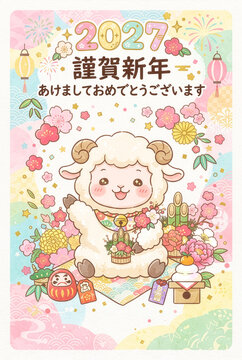 Cute chibi sheep character for 2027 Japanese New Year celebration