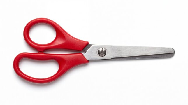 Red safety school scissors with plastic handles and metal blades isolated on white background, paper cutting craft tool photo for commercial educational design projects and digital learning portals wi