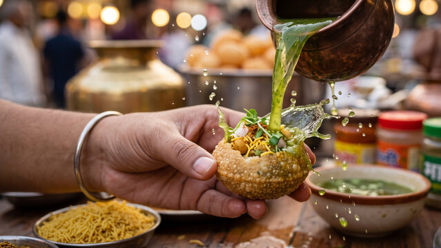 Spicy Mint Water Pouring into Crispy Pani Puri Street Snack