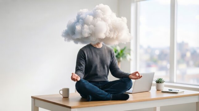 Man Meditating With Cloud As Head Sitting Cross Legged On Desk In Modern Home Office Environment