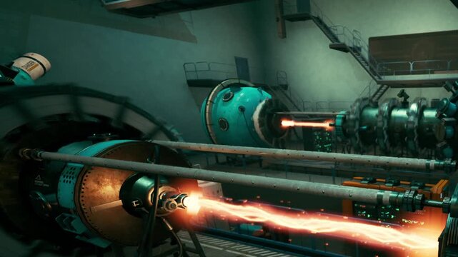 Scientists conduct an experiment in a laboratory. Energy beams shoot from two machines. The setting features various equipment and structures, indicating advanced research.