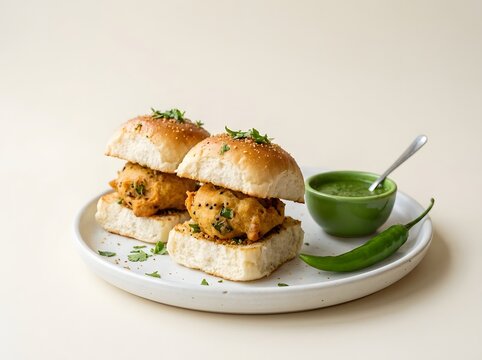 A delicious serving of traditional indian vada pav featuring deep fried potato dumplings inside soft bread buns served with green chutney and fresh chili