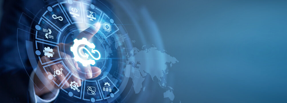 Agile development. Engineer hand touch virtual dashboard screen analyzing DevOps deployment pipelines and software code integration. Cloud operation, innovation and futuristic digital interface.