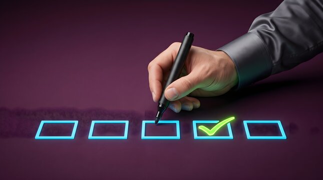 Business professional hand marking checkbox on digital screen.