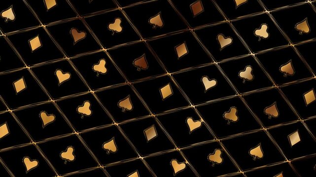 Animated golden playing card suit symbols arranged in a dark casino pattern with alpha channel, suitable for gambling, poker, luxury and gaming designs