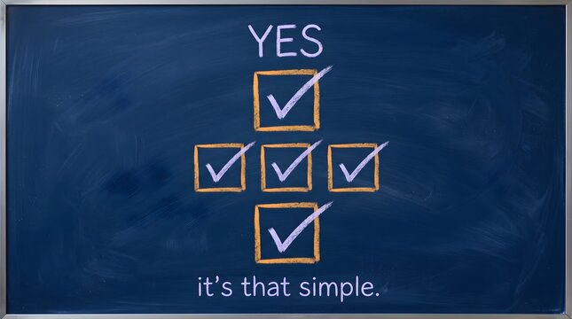 Chalkboard with yes text and multiple marked orange square.