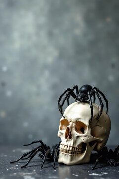 An eerie tableau of a human skull adorned with a large black spider, surrounded by smaller spiders on a dark surface against a muted background.
