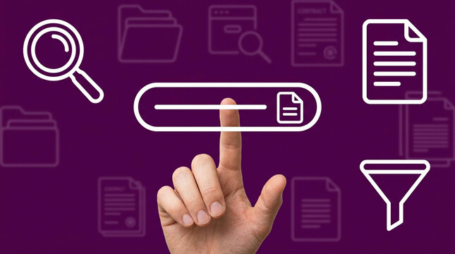 Concept of digital document search and data management with human hand interacting with virtual search bar and file icons on purple background.