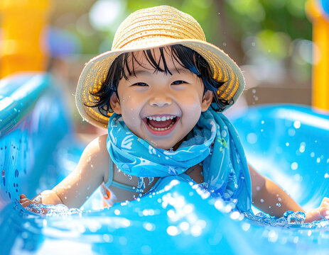 happy toddler girl enjoying summer water play in a paddling pool at home
