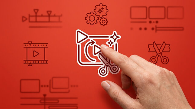 Professional hand touching video editing software icons on red background representing digital content creation, movie production and post-production work.