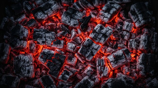 Glowing charcoal embers in a dark grill, hot burning coal texture, fiery red heat background for barbecue and cooking