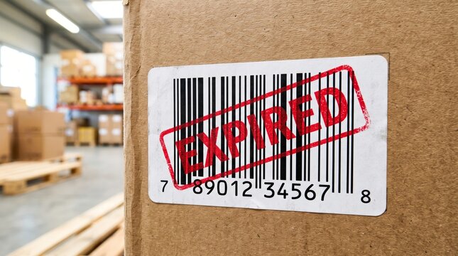 Red expired stamp on barcode label in logistics warehouse