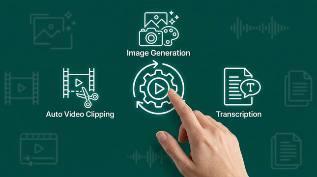Artificial intelligence powered content creation tools including image generation, automated video clipping and transcription services on a green background.