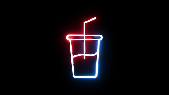 Neon drink cup icon glowing in dynamic color loop on black background motion design clip
