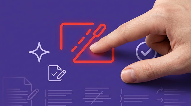 Close up of a hand touching a glowing red icon on a digital interface representing photo editing and artificial intelligence enhancement tools.