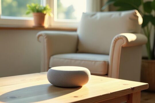 A quiet morning, sunlight streaming through a window illuminating a light-grey fabric-covered device resting on a light-brown wooden table, near a comfortable armchair in a home setting.