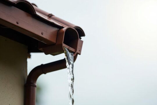 Close-up view of rainwater flowing from a brown gutter downspout on a residential building