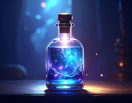 Glowing blue magic potion bottle on dark table.