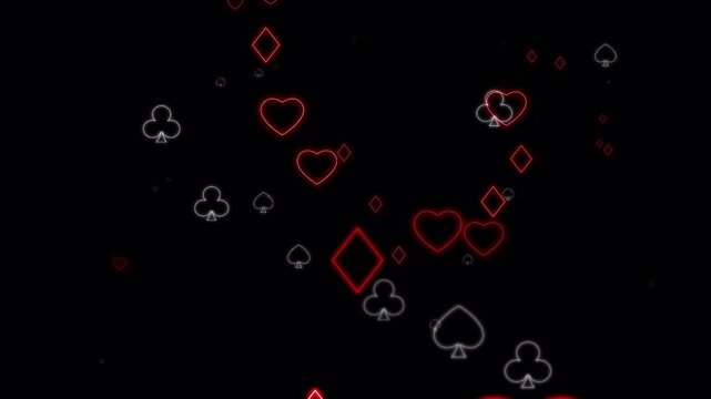 Animated red and white glowing poker card suit symbols with alpha channel, featuring hearts, diamonds, clubs and spades on a dark background
