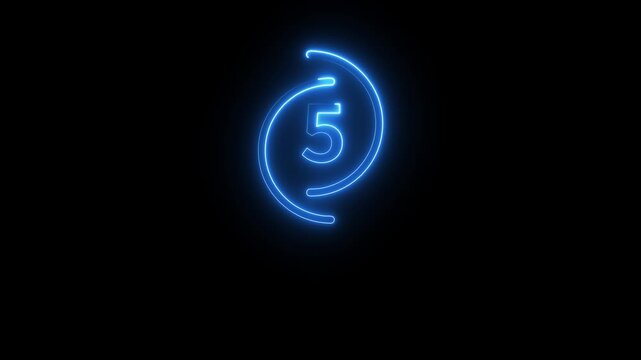 Neon blue number five countdown animation glowing circular frame isolated on black background