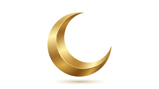 Golden crescent moon 3D icon, shiny metallic lunar symbol for religious or celestial design