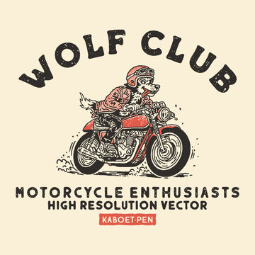 wolf illustration cafe racer graphic rider design motorcycle badge cartoon vintage