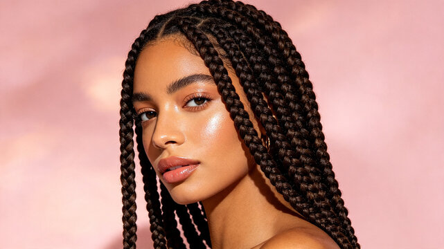 A beautiful woman with intricate dark box braids poses against a soft pink backdrop, showcasing glowing skin and natural, elegant makeup.