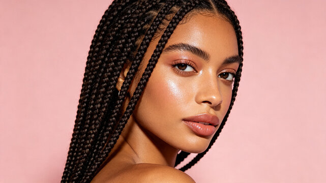 A stunning close-up of a young woman with dark box braids and glowing dewy makeup, posing gracefully against a soft pink studio background.