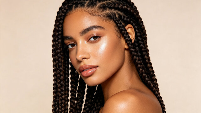 Close-up portrait of a beautiful young woman with long box braids and glowing natural makeup against a neutral background.