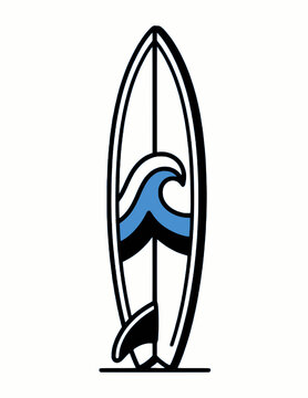 doodle illustration of upright surfboard with wave stripe and fin
