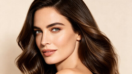 Naklejka premium A stunning close-up portrait of a woman with long, wavy brunette hair, natural makeup, and captivating green eyes against a neutral background.