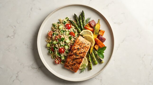 Grilled salmon fillet served with fresh salad and roasted vegetables on a ceramic plate. Kosher cooking inspiration