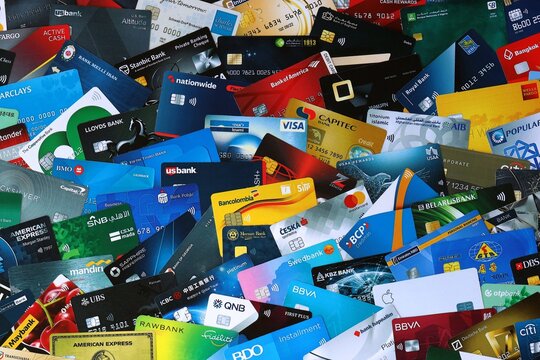 KYIV, UKRAINE - 22 AUGUST 2026 Many specimen credit and debit cards for banking from various banks