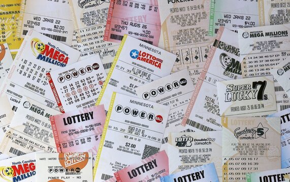 KYIV, UKRAINE - 22 AUGUST 2026 Big pile of lottery tickets from different US lotteries