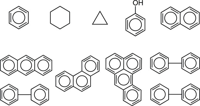 Aromatic hydrocarbon chemical structural formula set featuring benzene ring phenol cyclopropane and naphthalene organic molecular line graphics