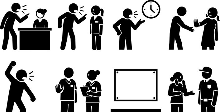 Set of eight pictogram scenes showing difficult patient situations in a clinic