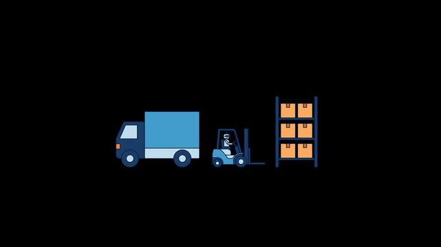 Automated warehouse logistics vector illustration with delivery truck, robot driving forklift, and cardboard boxes on shelves isolated on transparent background. Alpha Channel 4K.