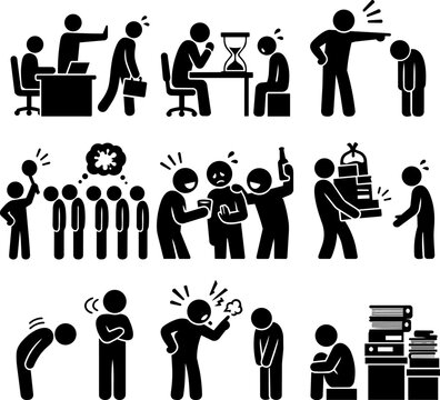 Set of nine pictogram scenes showing workplace bullying of a newcomer