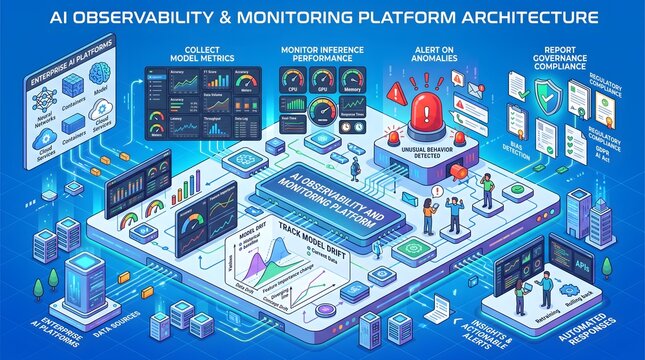 Ai observability and monitoring platform architecture blue background.